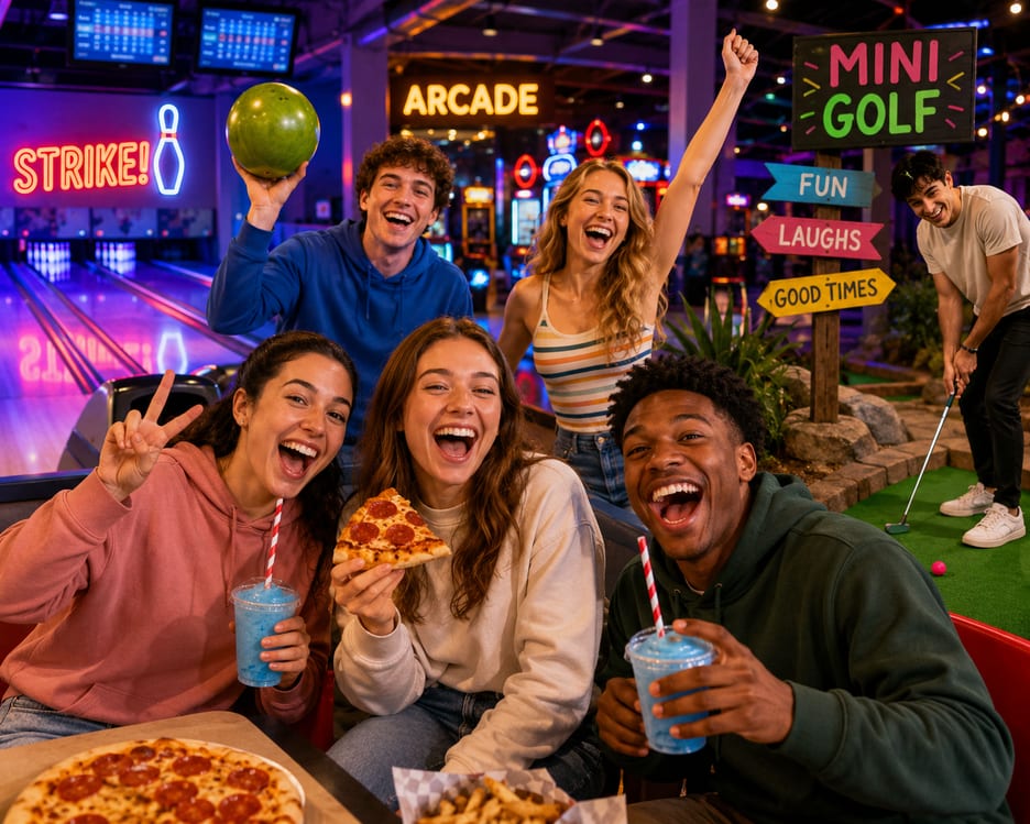 Blije gasten genieten van bowling, arcade en minigolf